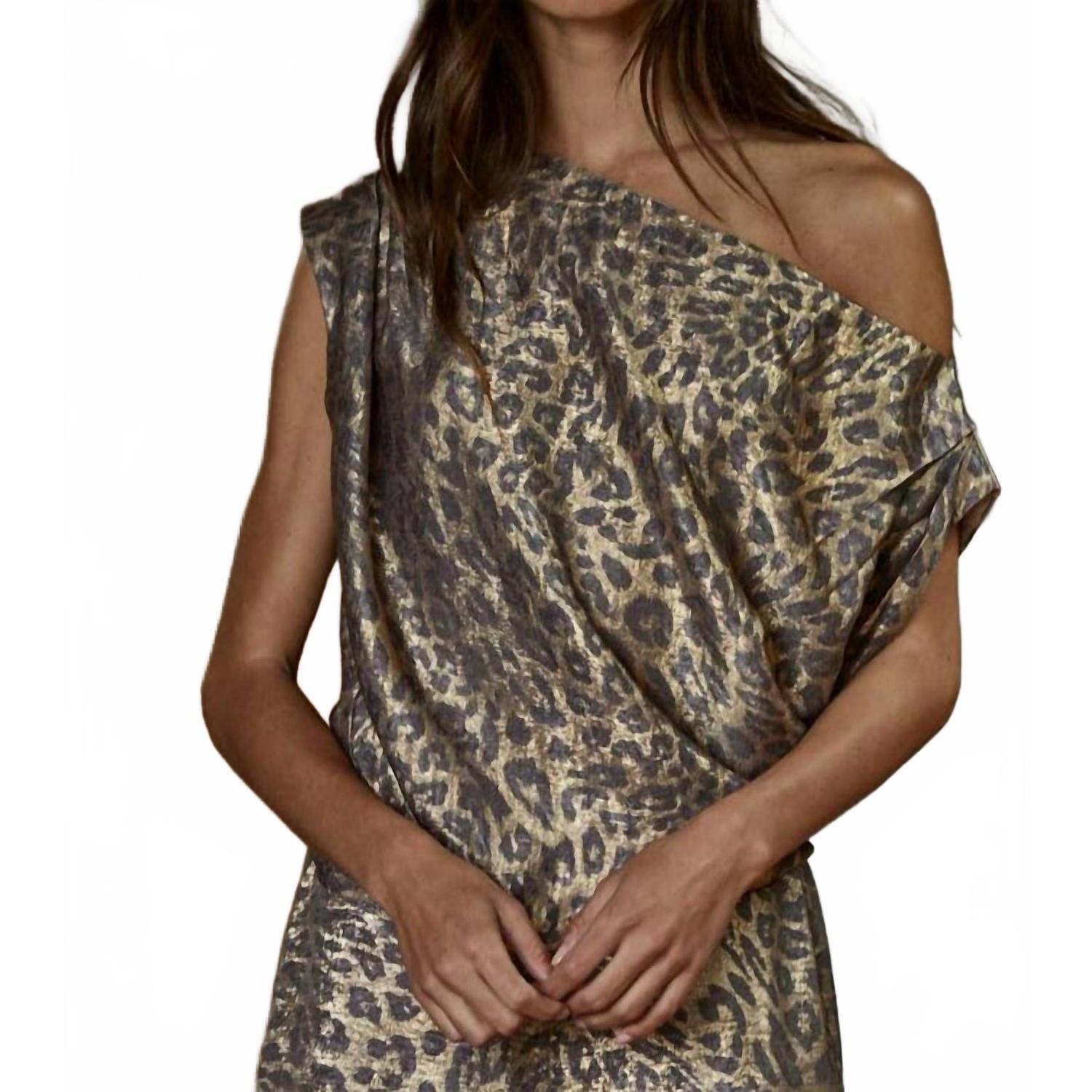 New By Together Woven Satin Animal Print Off The Shoulder Top In Gold